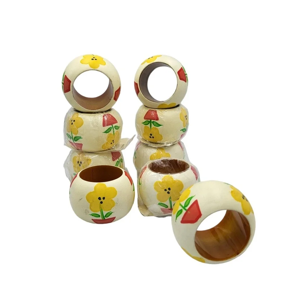 Set of 9 American Home Collection Handpainted Flower Pots Napkin‎ Rings Holders